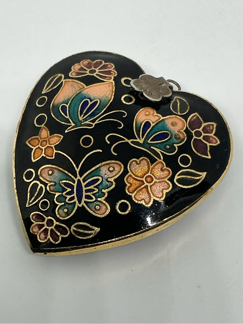 Vintage Black Floral Cloisonné Enamel Pendant Heart Shaped Butterfly Motif